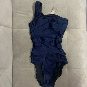Navy one shoulder swimsuit